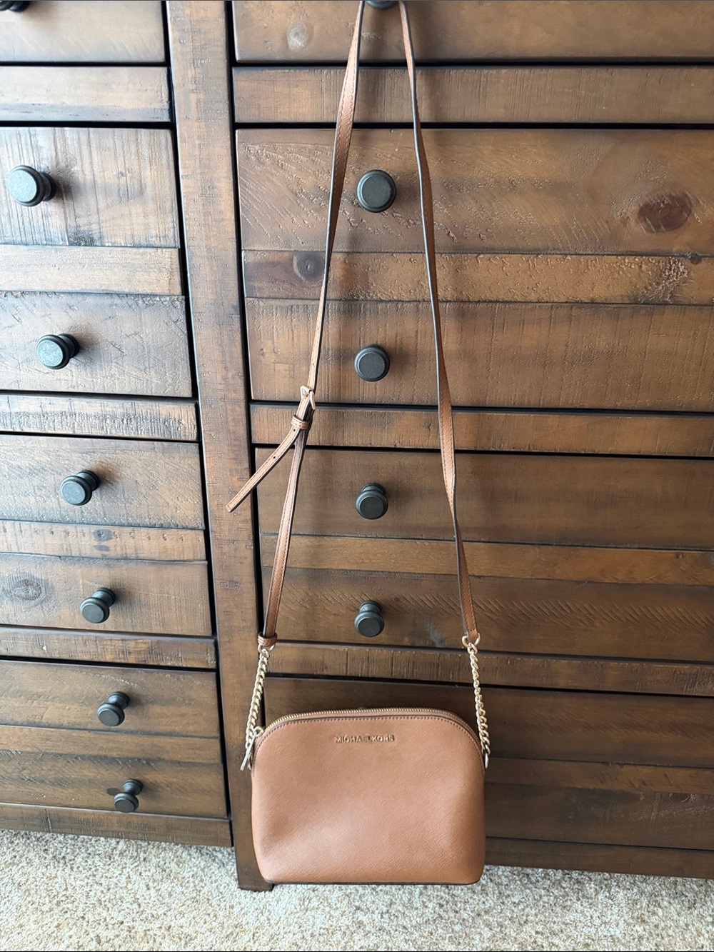 Michael Kors Saddle Crossbody in Brown with Gold Chain